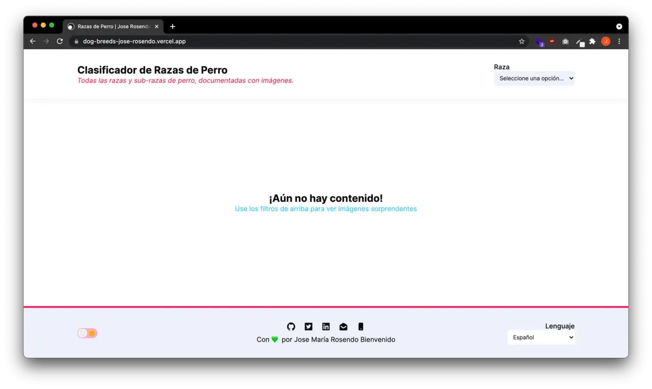 Inicio de la aplicación sin contenido en español